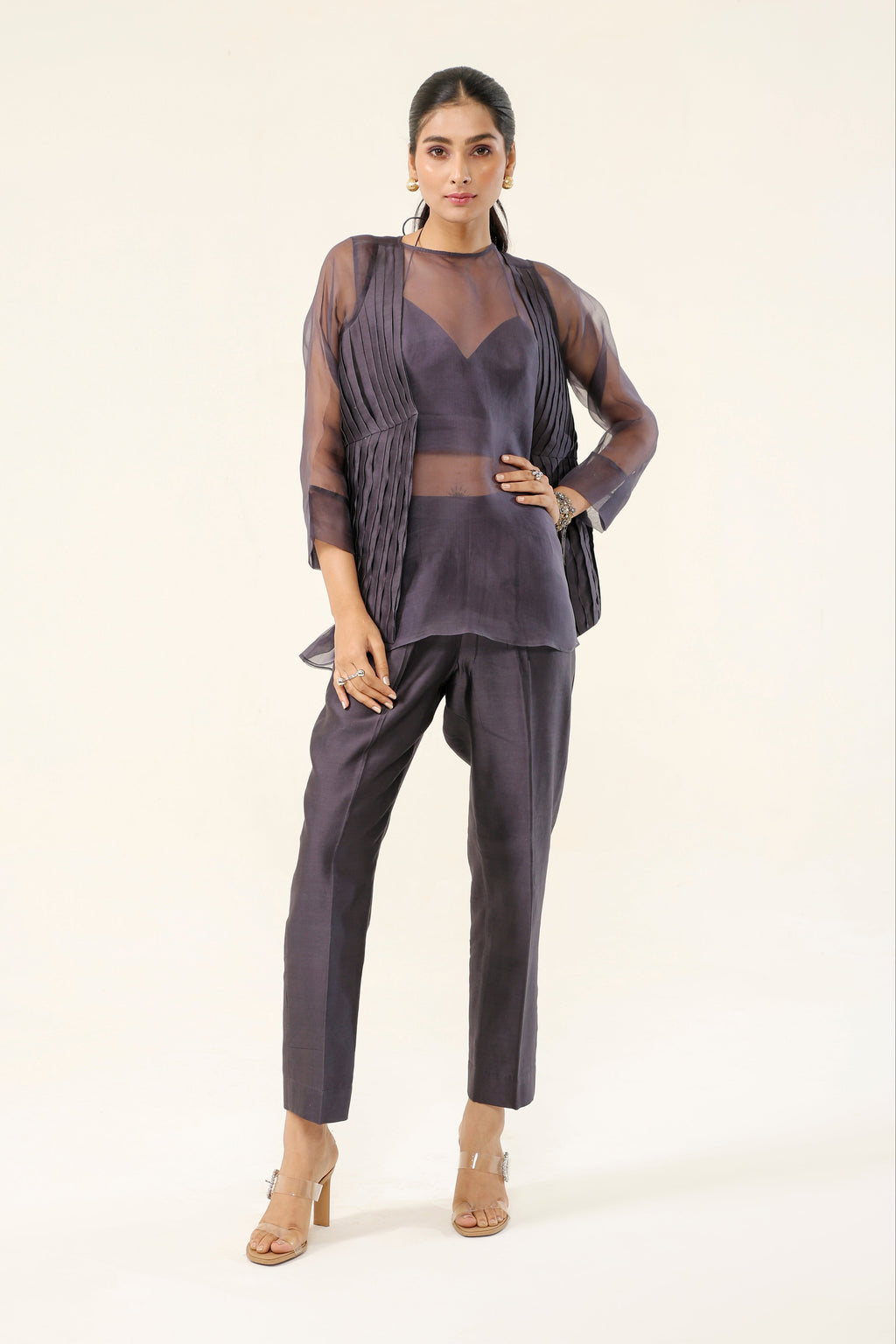 Mauve Grey Chanderi + Organza Co-ord Set - front view | Essence by Monika