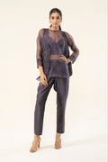 Mauve Grey Chanderi + Organza Co-ord Set - front view | Essence by Monika