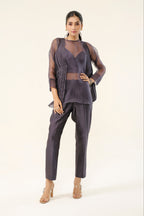 Mauve Grey Chanderi + Organza Co-ord Set - front view | Essence by Monika