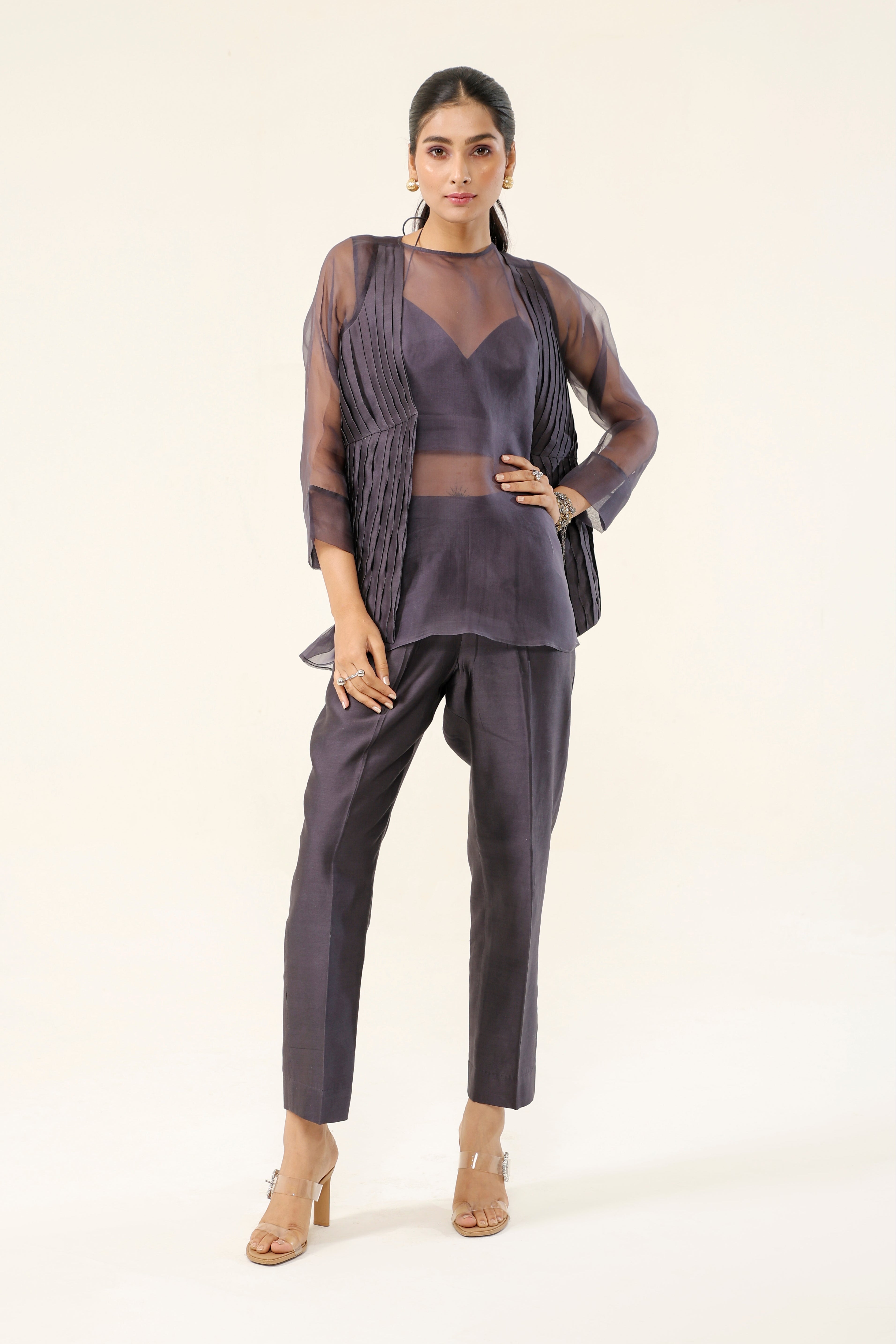 Mauve Grey Chanderi + Organza Co-ord Set - front view | Essence by Monika