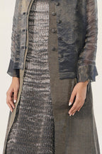 Metallic Charcoal Grey Double-Coat Dress Set - fabric and embroidery detail | Essence by Monika
