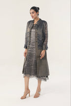Metallic Charcoal Grey Woven Organza + Tissue Chanderi Co-ord Set - front view | Essence by Monika