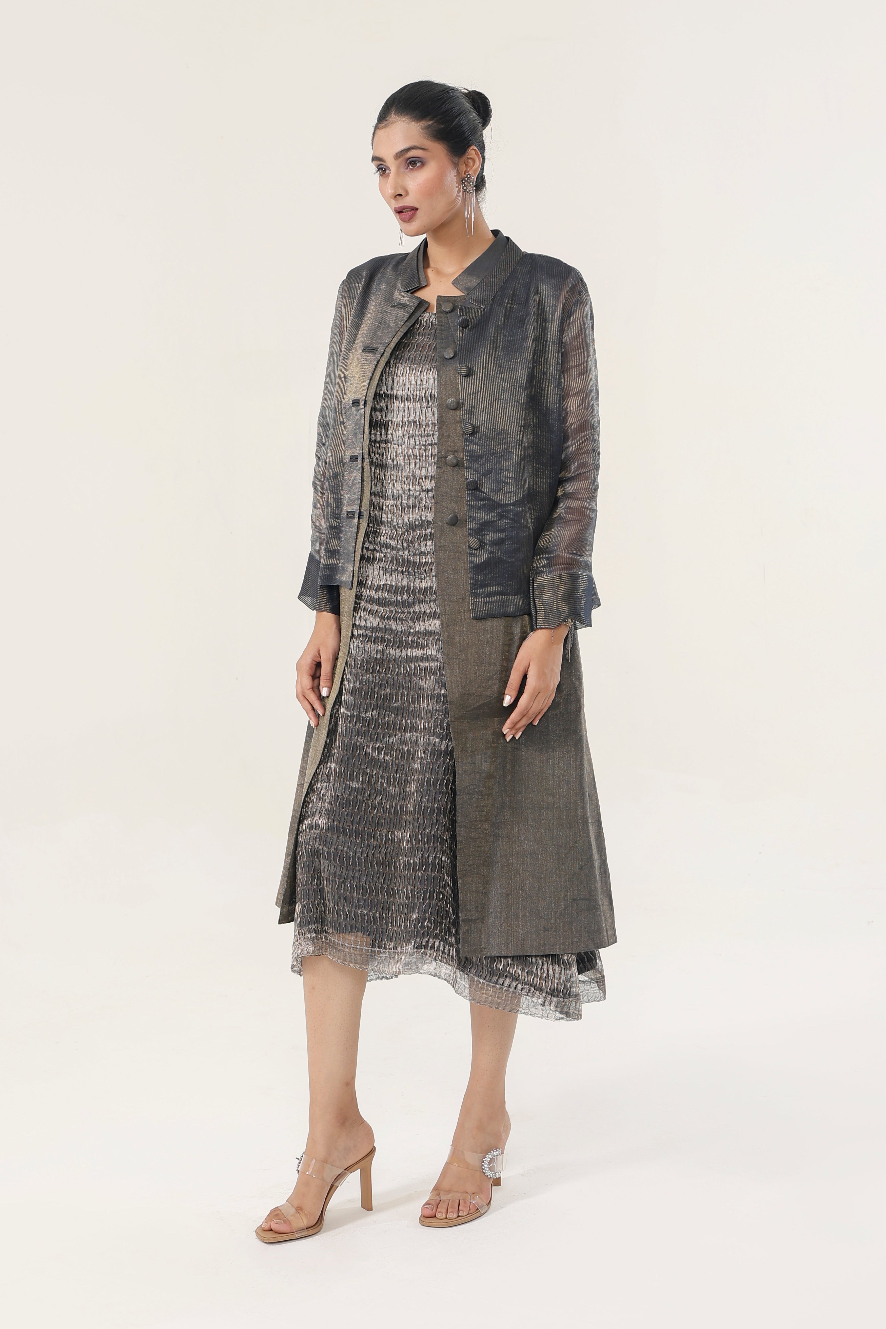 Metallic Charcoal Grey Woven Organza + Tissue Chanderi Co-ord Set - front view | Essence by Monika