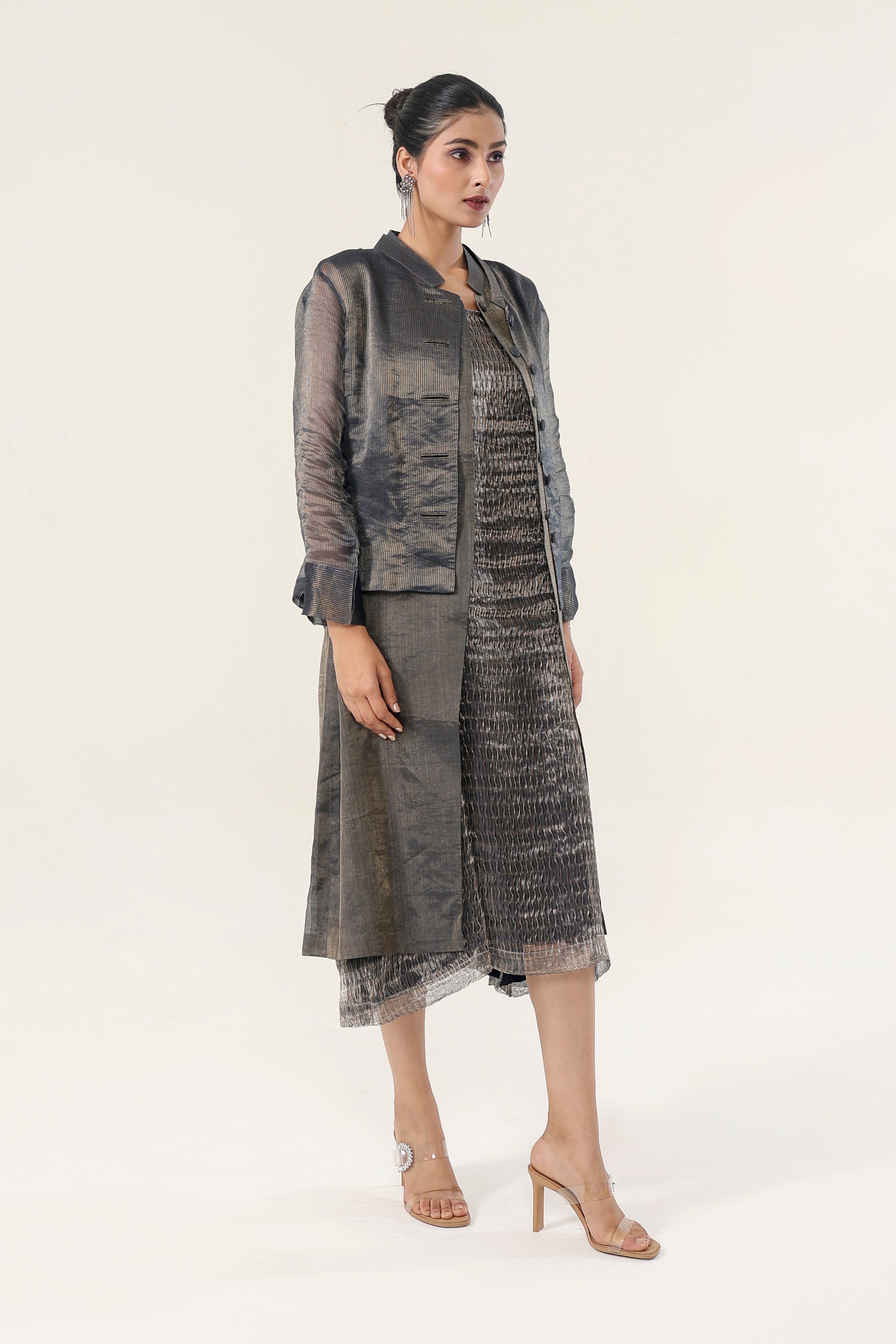 Metallic Charcoal Grey Co-ord Set - side silhouette | Essence by Monika