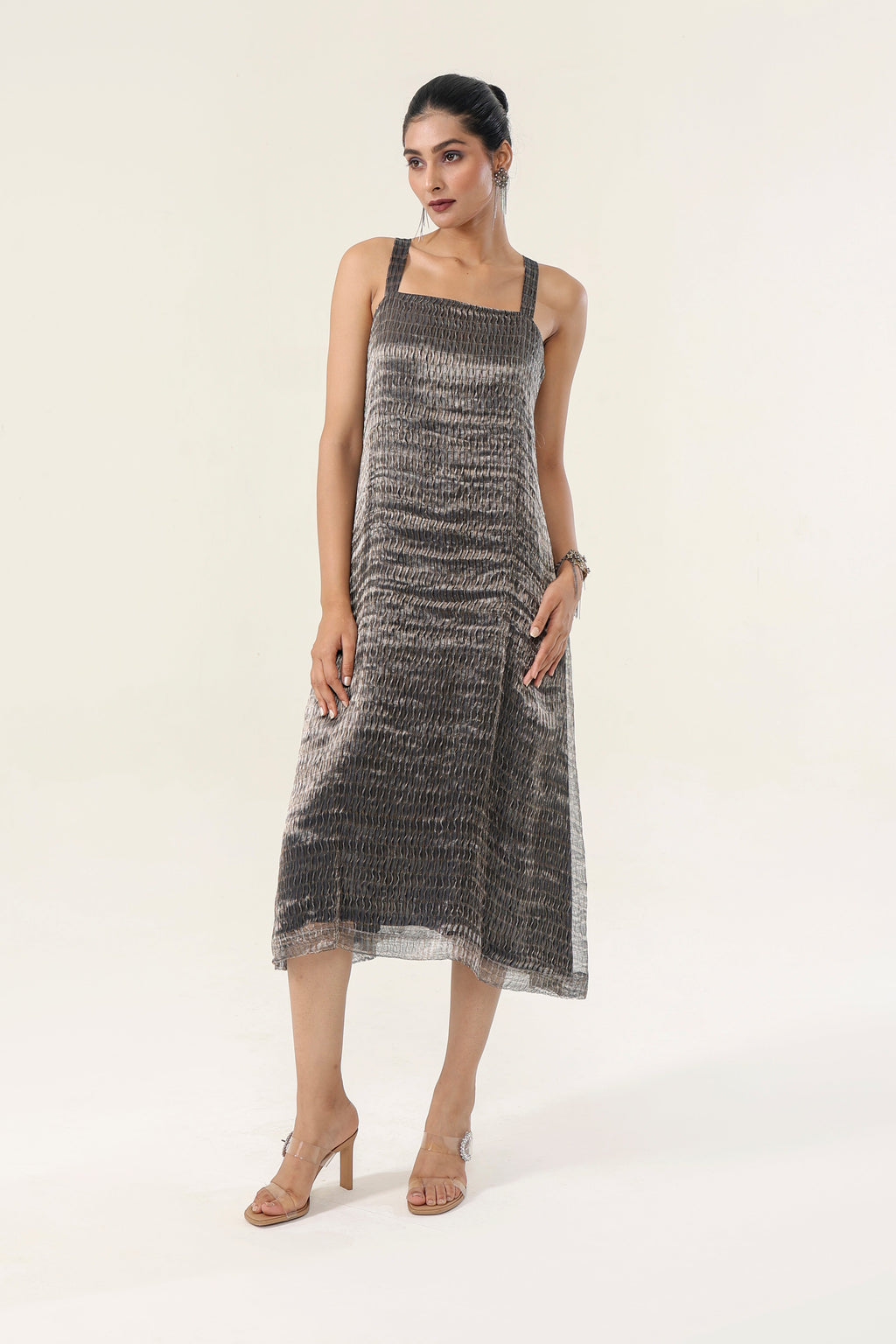Metallic Charcoal Grey Woven Organza + Tissue Chanderi Dress - front view | Essence by Monika