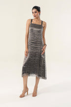 Metallic Charcoal Grey Woven Organza + Tissue Chanderi Dress - front view | Essence by Monika
