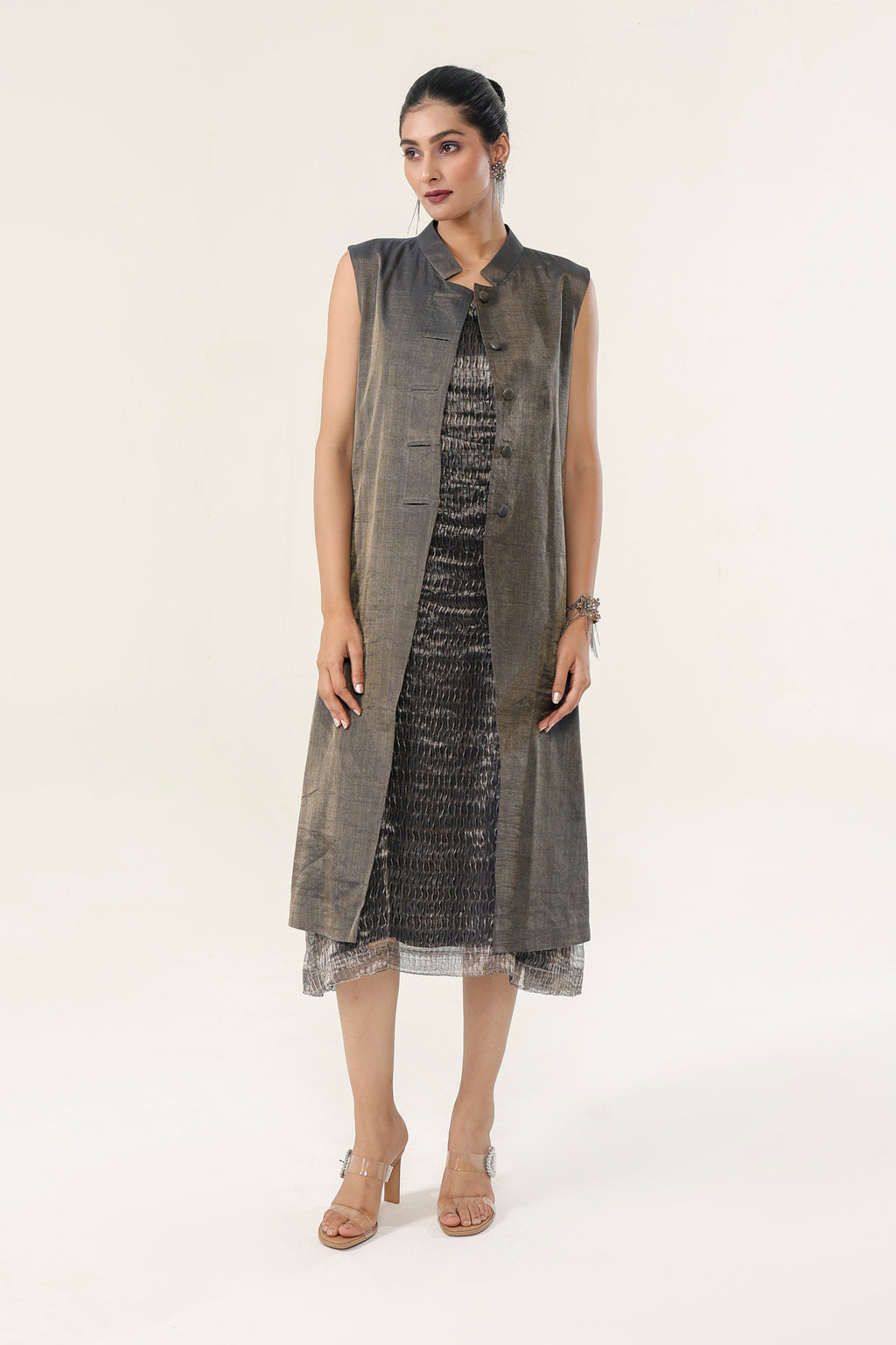 Metallic Charcoal Grey Woven Organza + Tissue Chanderi Dress and Long Coat - front view | Essence by Monika