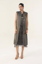 Metallic Charcoal Grey Woven Organza + Tissue Chanderi Dress and Long Coat - front view | Essence by Monika