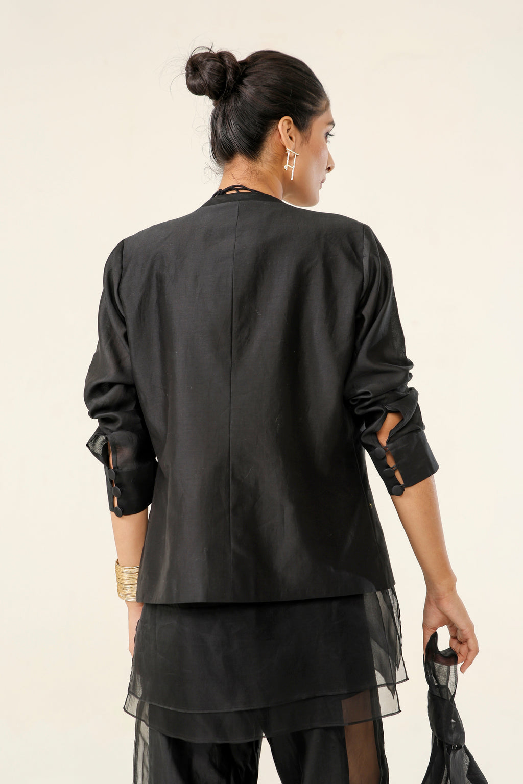 Midnight Black Pleated Coat Set with Sheer Panel Pants - back view | Essence by Monika