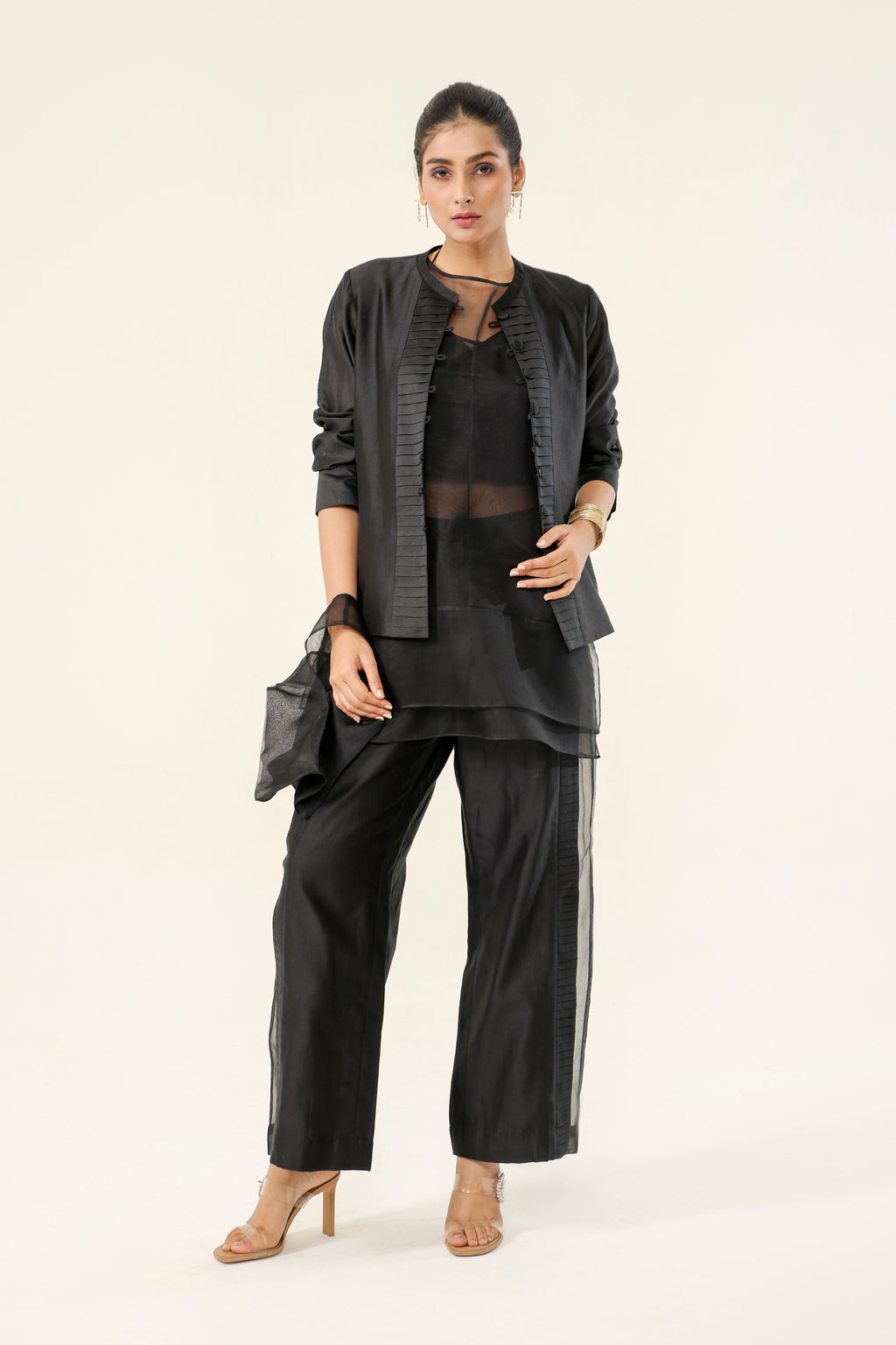 Midnight Black Chanderi + Organza Co-ord Set - front view | Essence by Monika