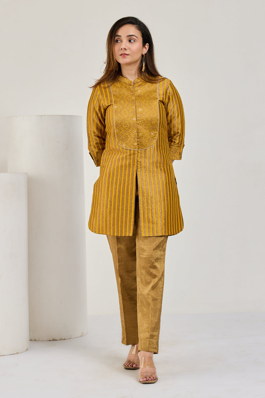 Mustard gold Banarasi Kimkhab and tissue kurta with tissue pants by Essence by Monika, front view