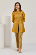 Mustard gold Banarasi Kimkhab and tissue kurta with tissue pants by Essence by Monika, front view