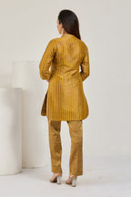 Mustard gold Kimkhab kurta and pure tissue pants, back view