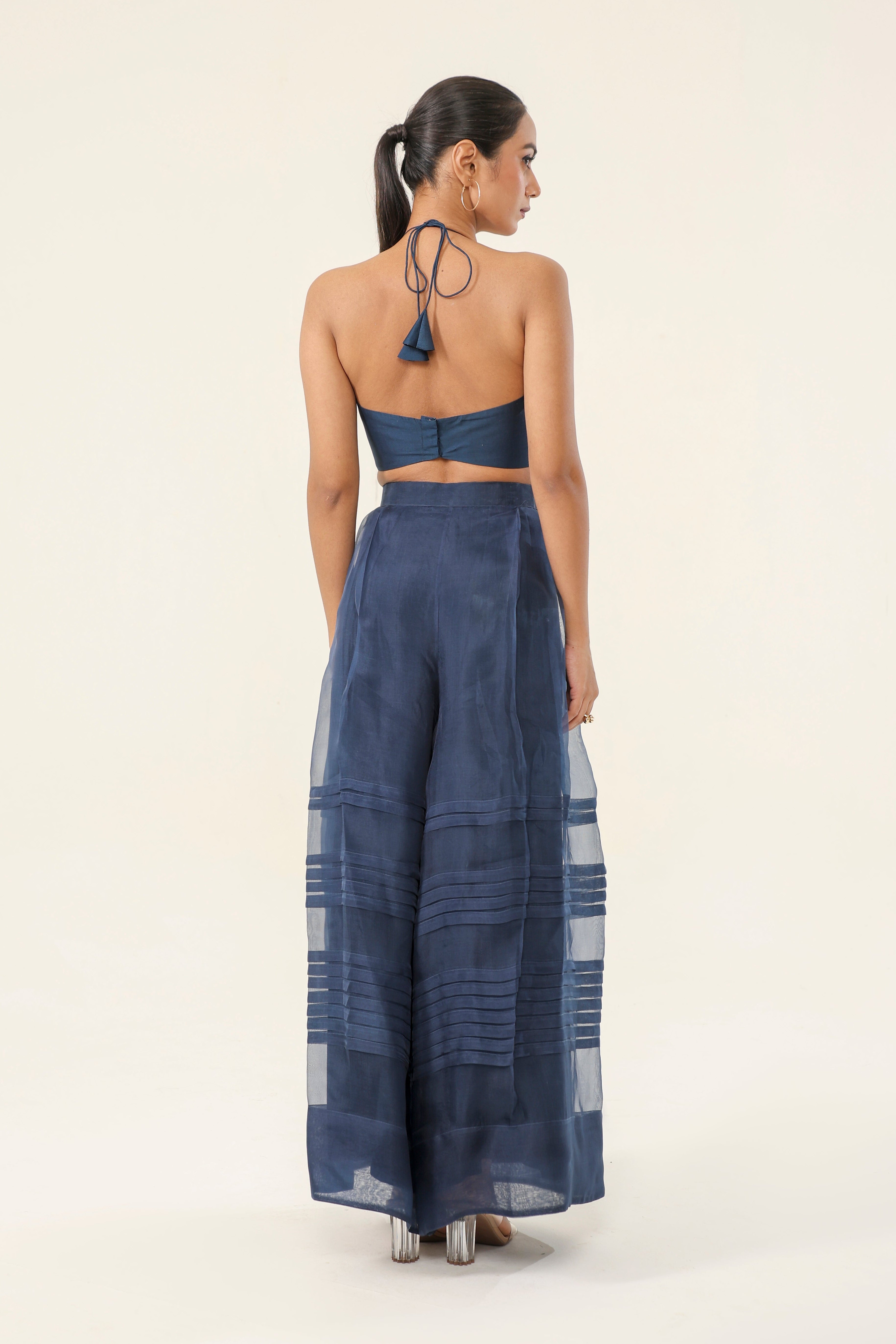 Navy Blue Organza & Tanchui Silk 3-Piece Set - back view | Essence by Monika