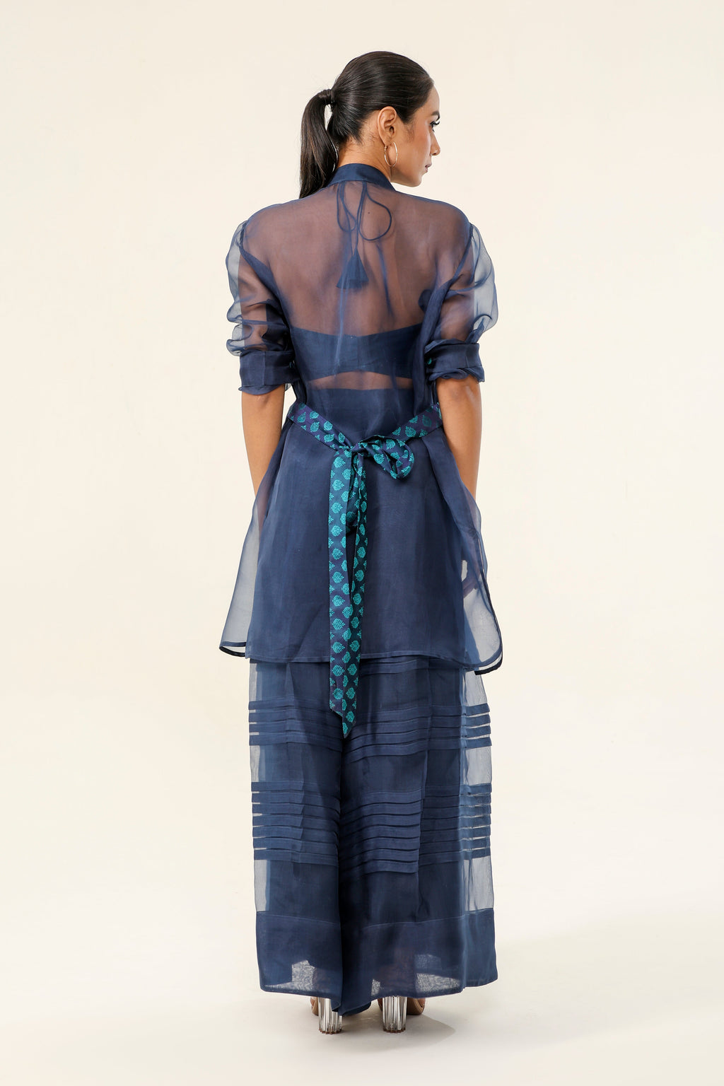 Navy Blue Organza & Tanchui Silk 3-Piece Set - back view | Essence by Monika