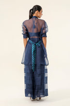 Navy Blue Organza & Tanchui Silk 3-Piece Set - back view | Essence by Monika