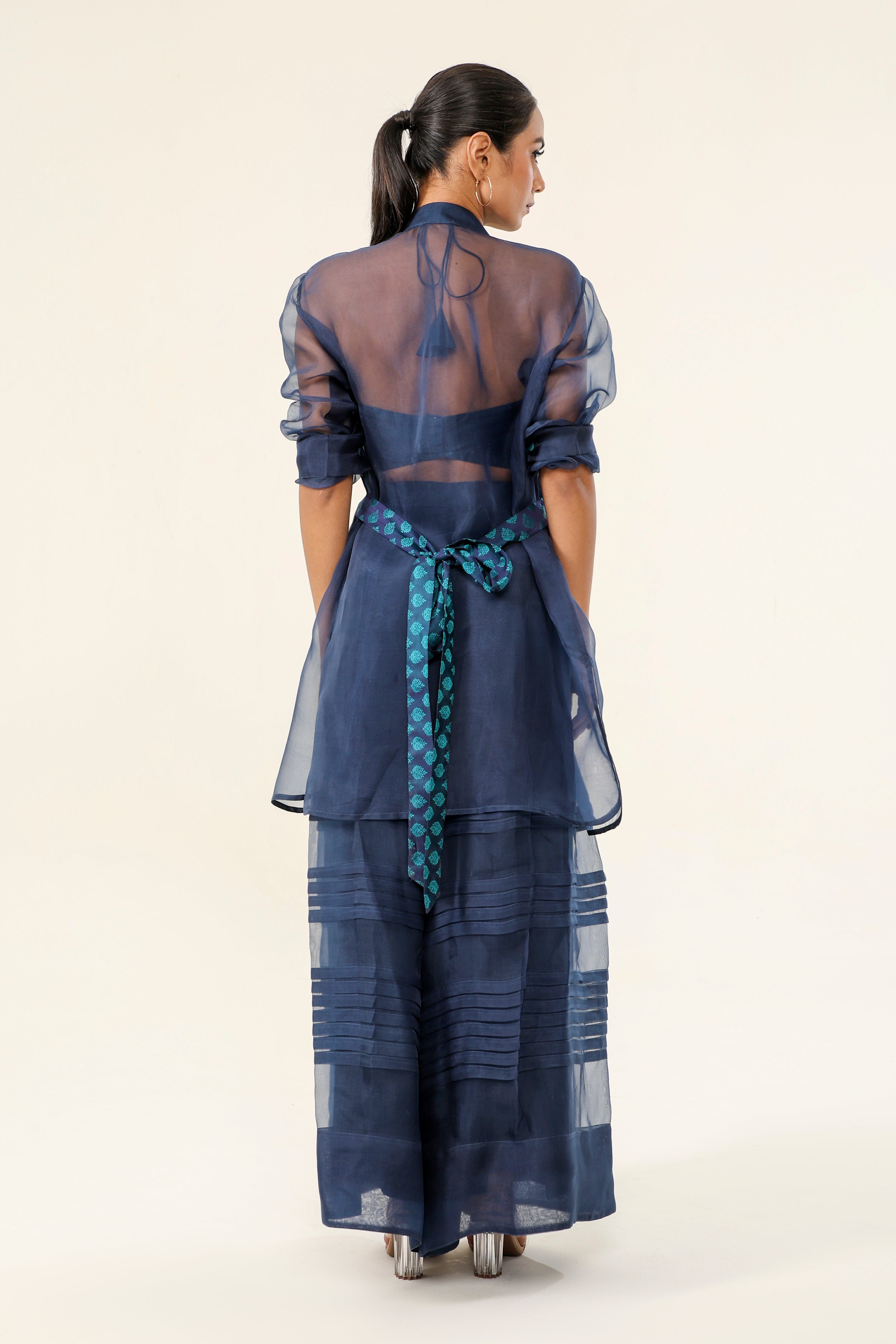 Navy Blue Organza & Tanchui Silk 3-Piece Set - back view | Essence by Monika