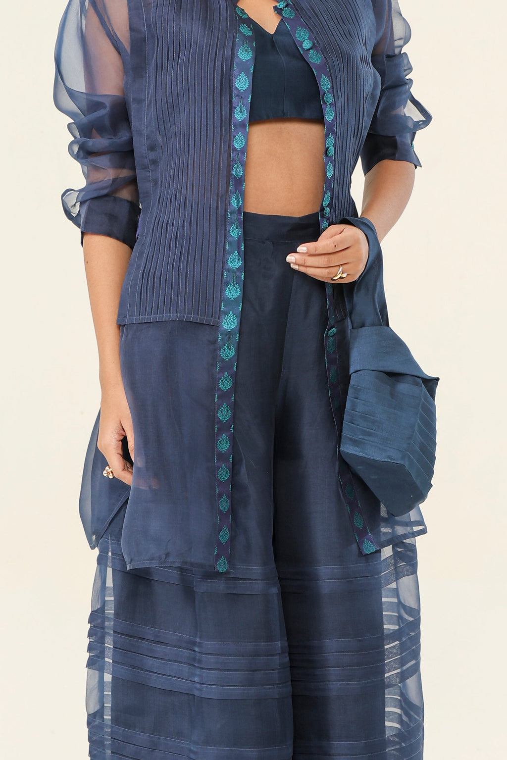 Navy Blue Organza & Tanchui Silk 3-Piece Set - fabric and embroidery detail | Essence by Monika