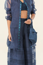 Navy Blue Organza & Tanchui Silk 3-Piece Set - fabric and embroidery detail | Essence by Monika