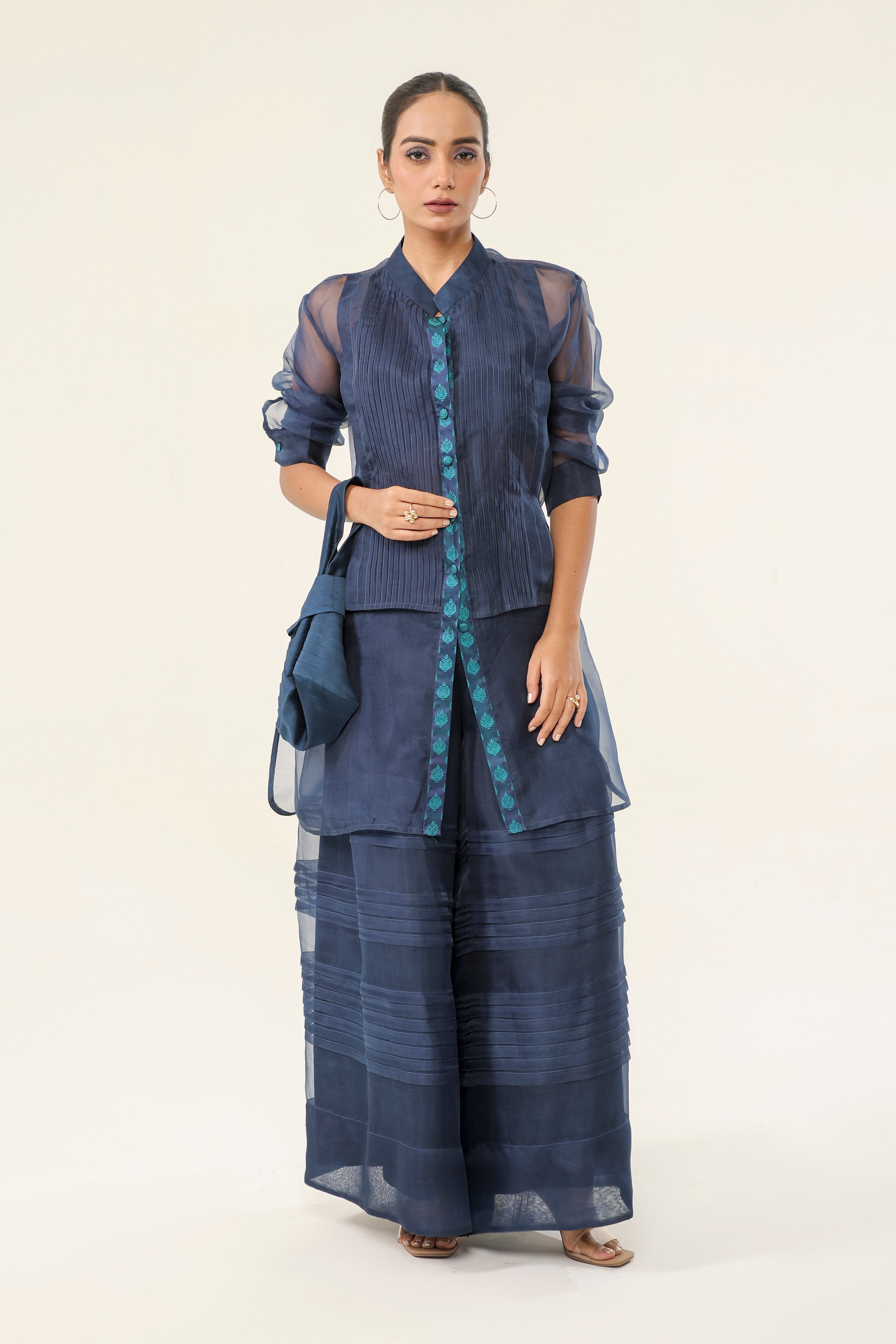 Navy Blue Organza + Tanchui silk + Chanderi Co-ord Set - front view | Essence by Monika