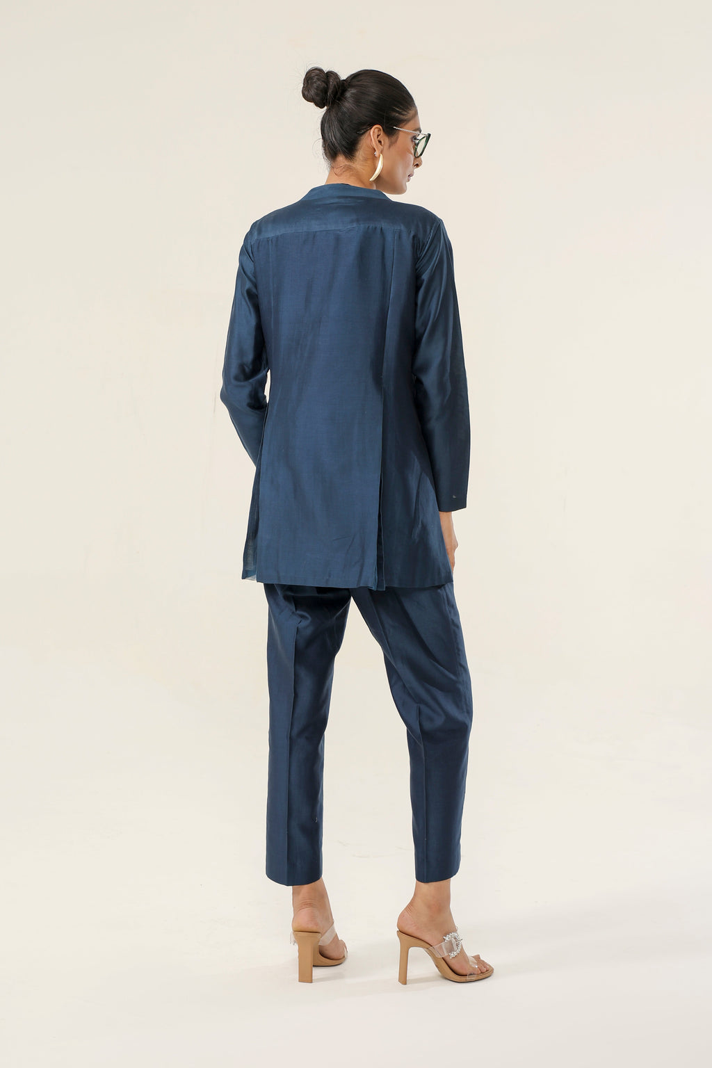 Navy Blue Pleated 4-Piece Coat Ensemble - back view | Essence by Monika
