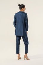 Navy Blue Pleated 4-Piece Coat Ensemble - back view | Essence by Monika