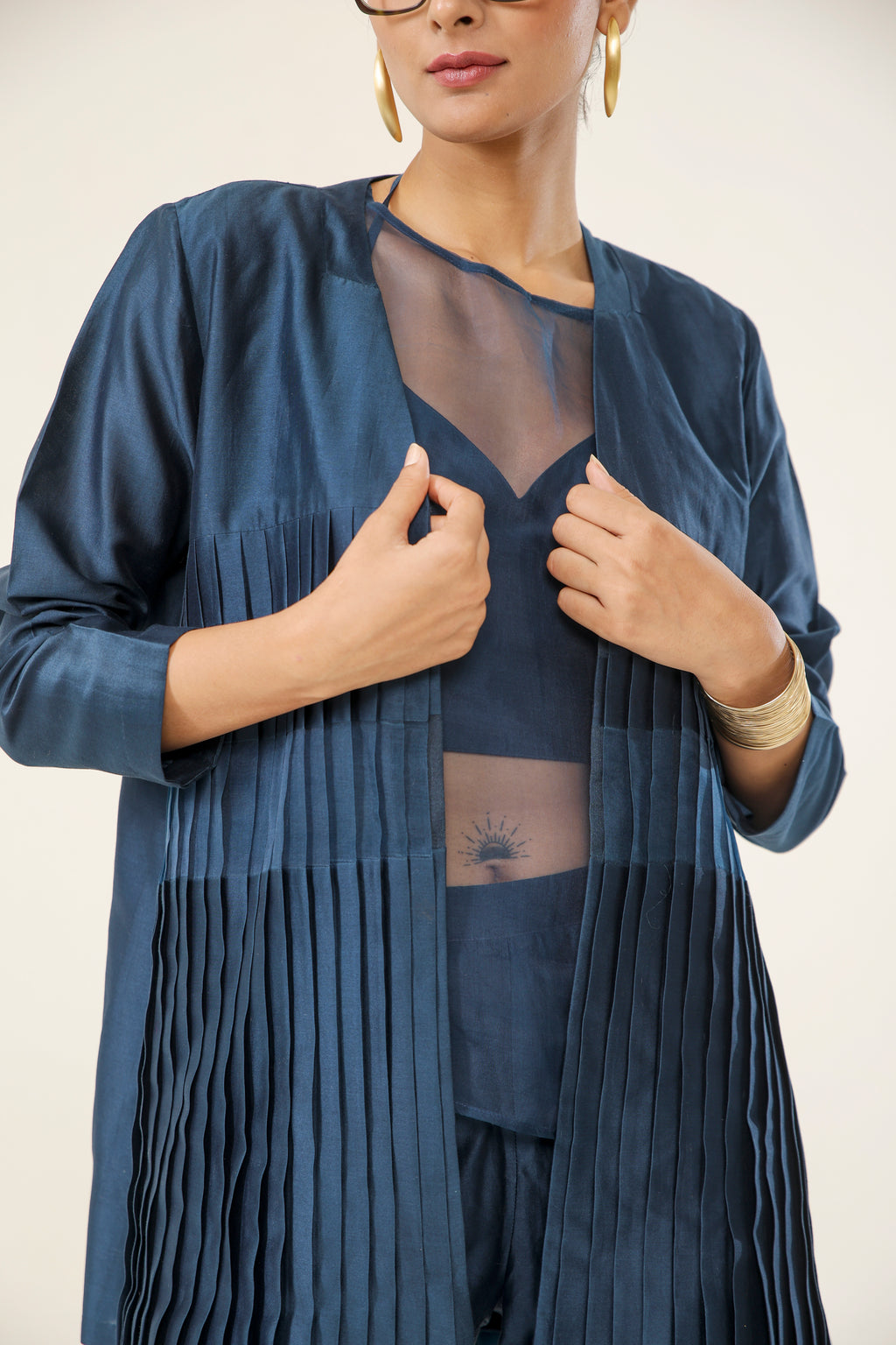 Navy Blue Pleated 4-Piece Coat Ensemble - fabric and embroidery detail | Essence by Monika