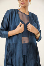 Navy Blue Pleated 4-Piece Coat Ensemble - fabric and embroidery detail | Essence by Monika