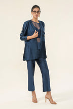 Navy Blue Chanderi + Organza Co-ord Set - front view | Essence by Monika