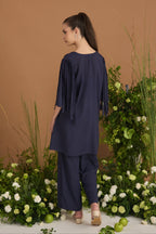 Navy Modal Cotton Floral Co-ord with Fringe Detail - back view | Essence by Monika