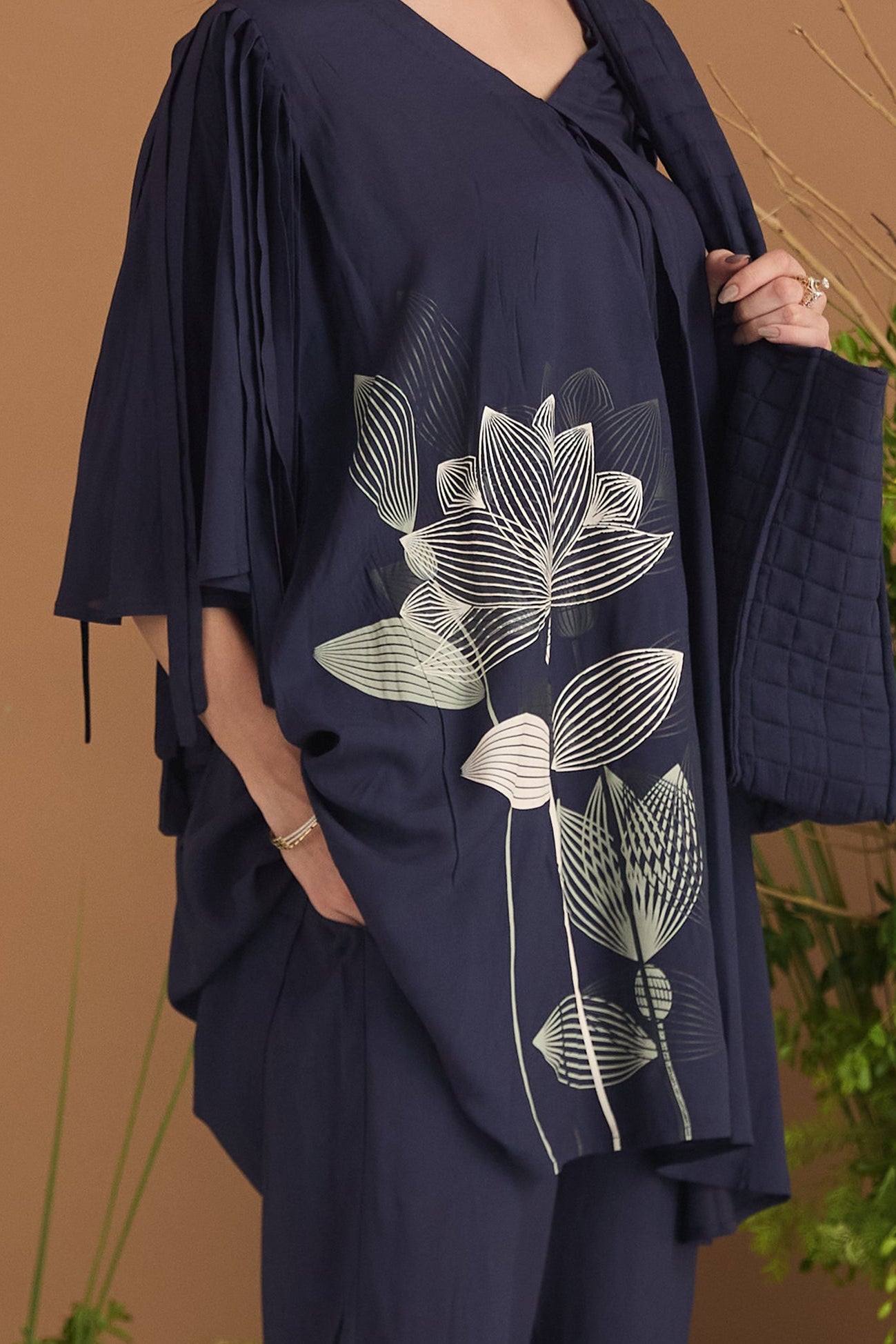 Navy Modal Cotton Floral Co-ord with Fringe Detail - fabric and embroidery detail | Essence by Monika