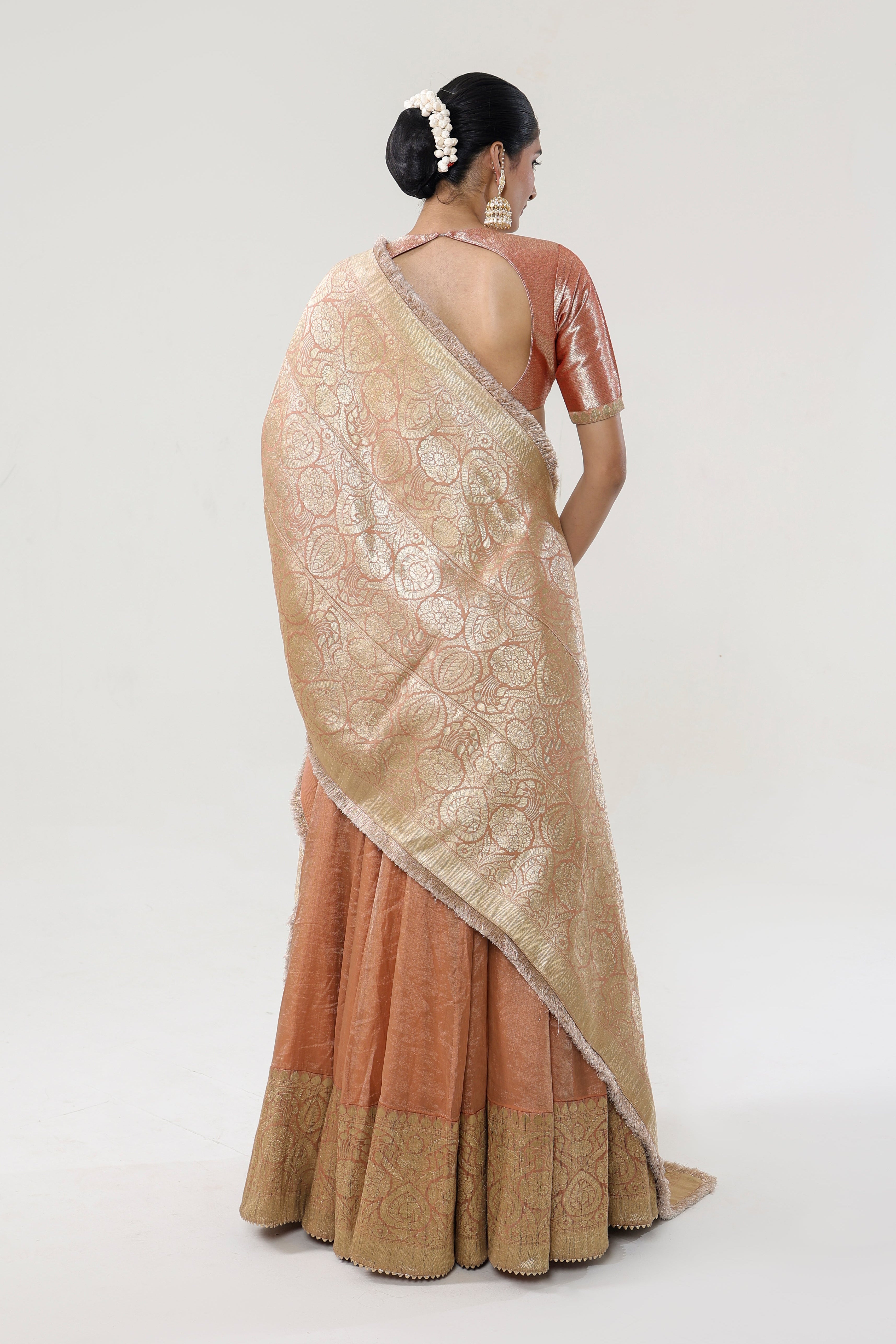Peach Tissue Lehenga with Banarasi Munga Borders - back view | Essence by Monika