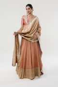 Peach Peach tissue + Banarasi silk + Banarasi Munga + Crushed Tissue Lehenga - front view | Essence by Monika