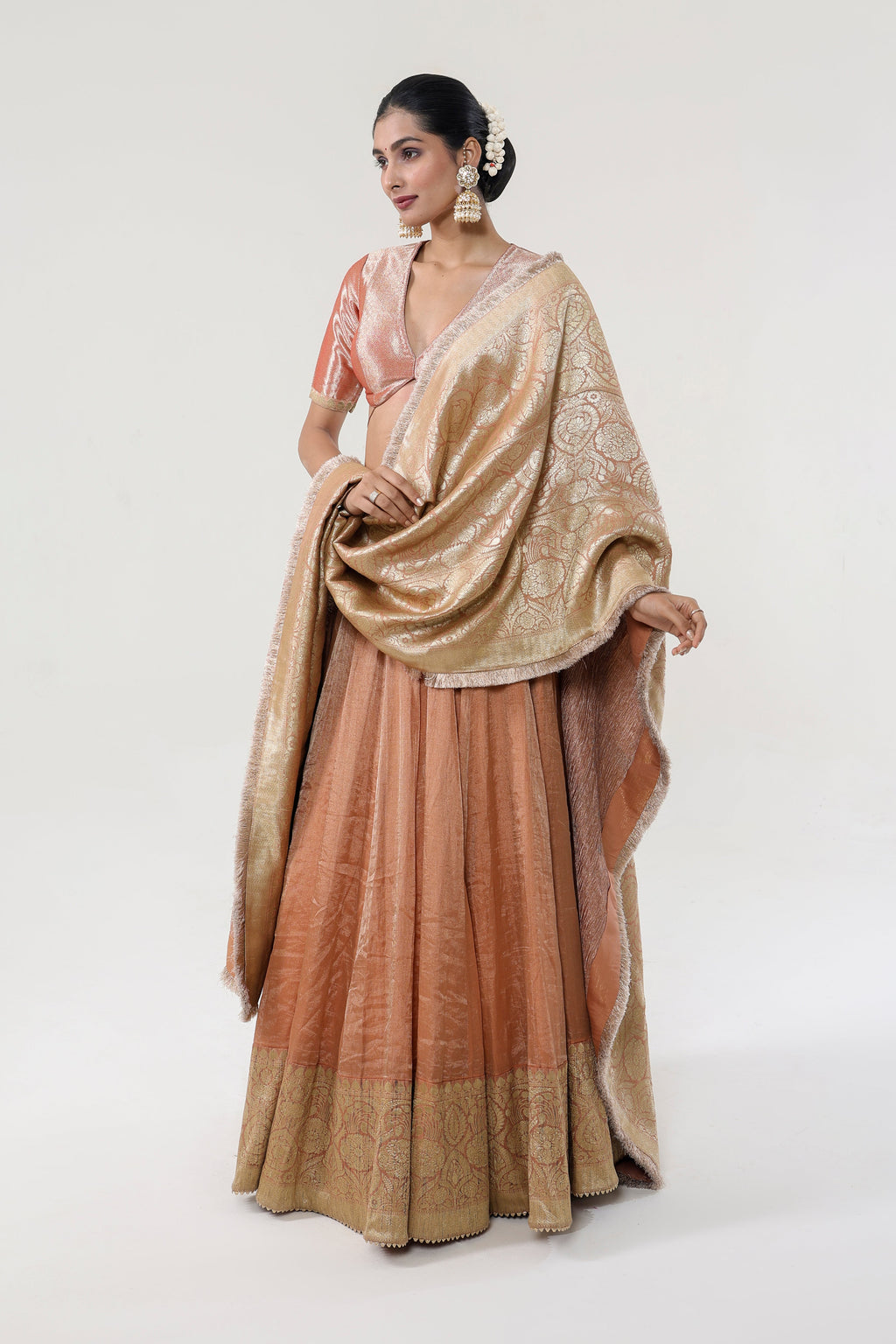 Peach Lehenga - side silhouette | Essence by Monika