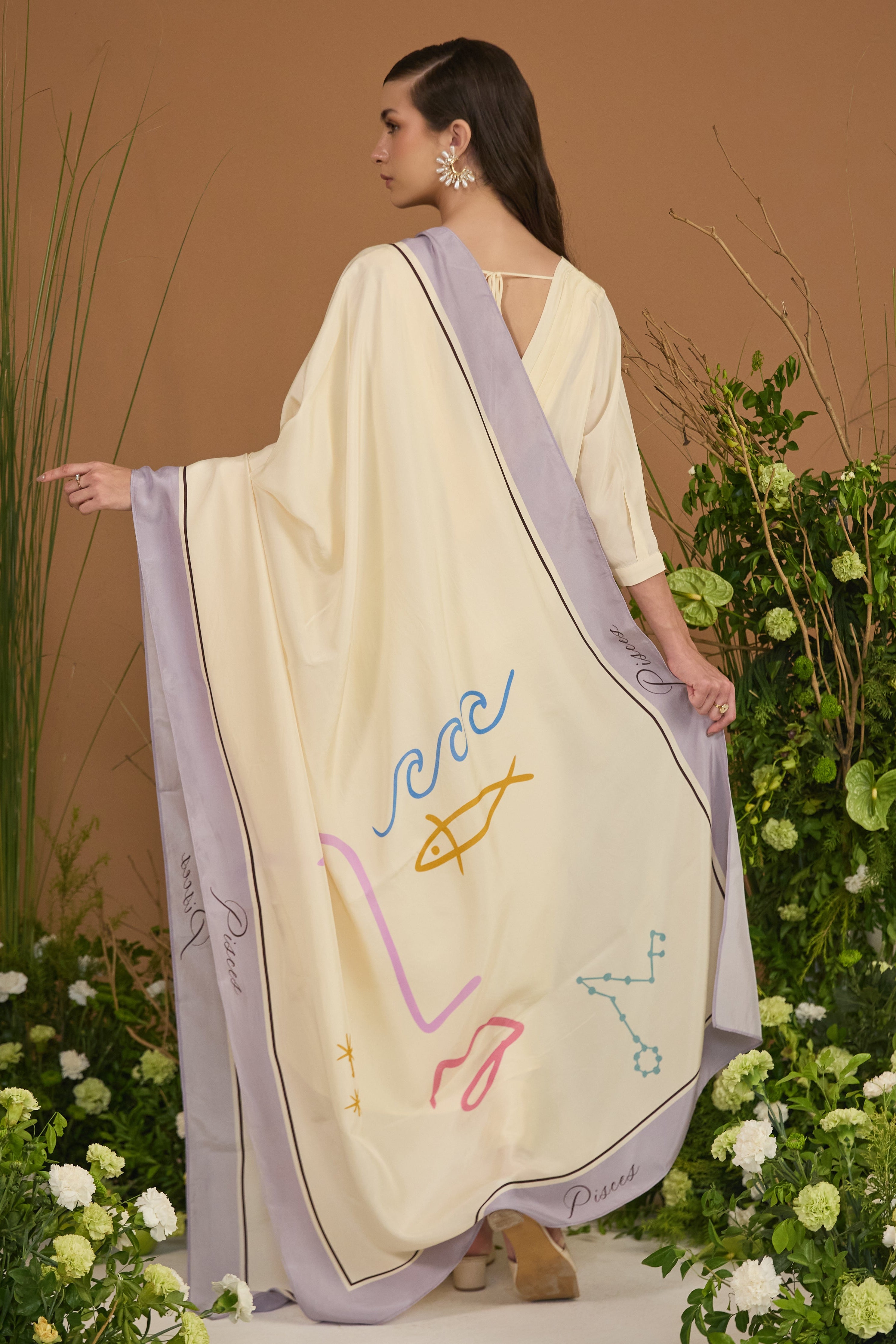 Pisces Habotai Silk Zodiac Dupatta - back view | Essence by Monika