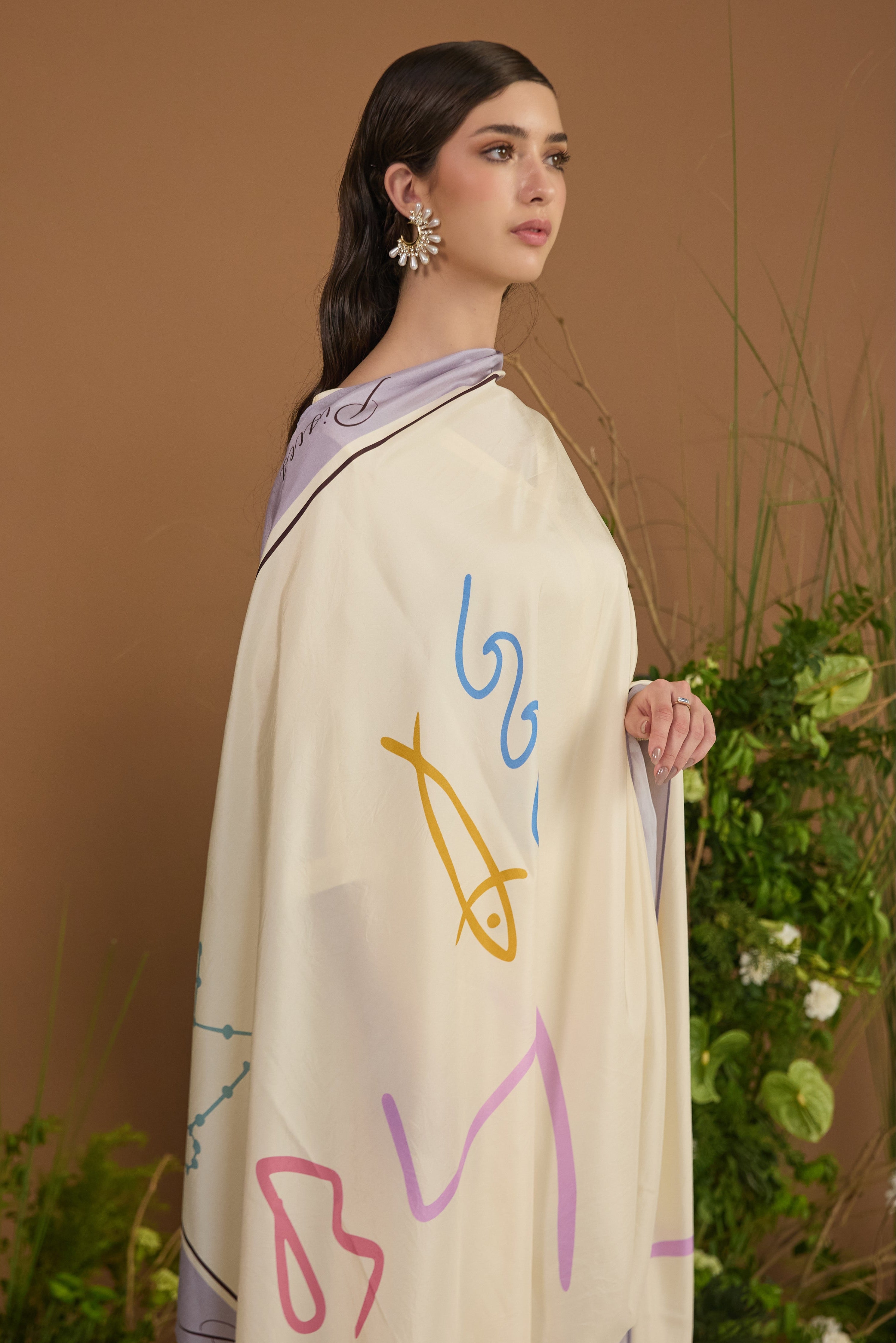 Pisces Habotai Silk Zodiac Dupatta  fabric and closeup detail | Essence by Monika