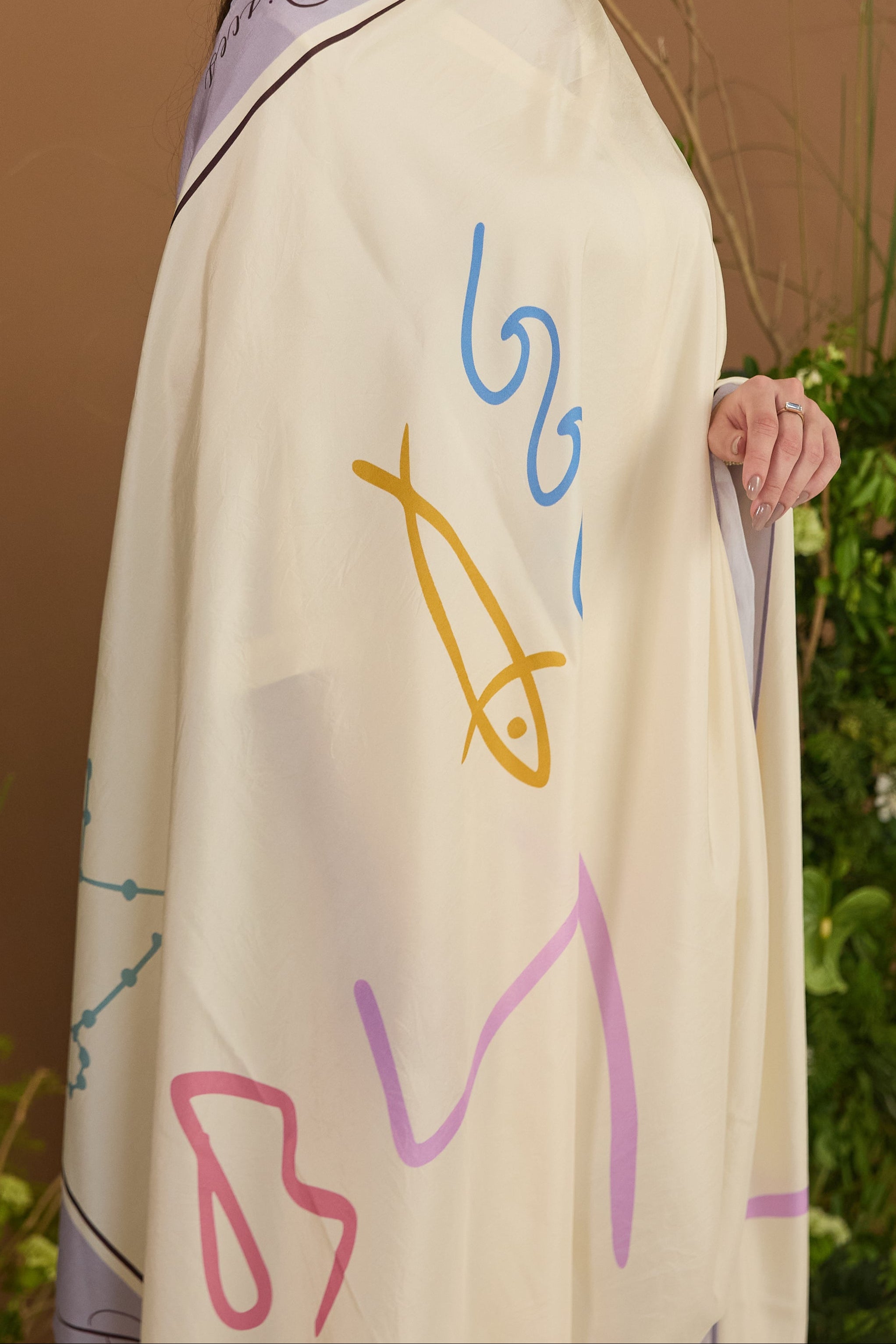 Pisces Habotai Silk Zodiac Dupatta - fabric and print detail | Essence by Monika