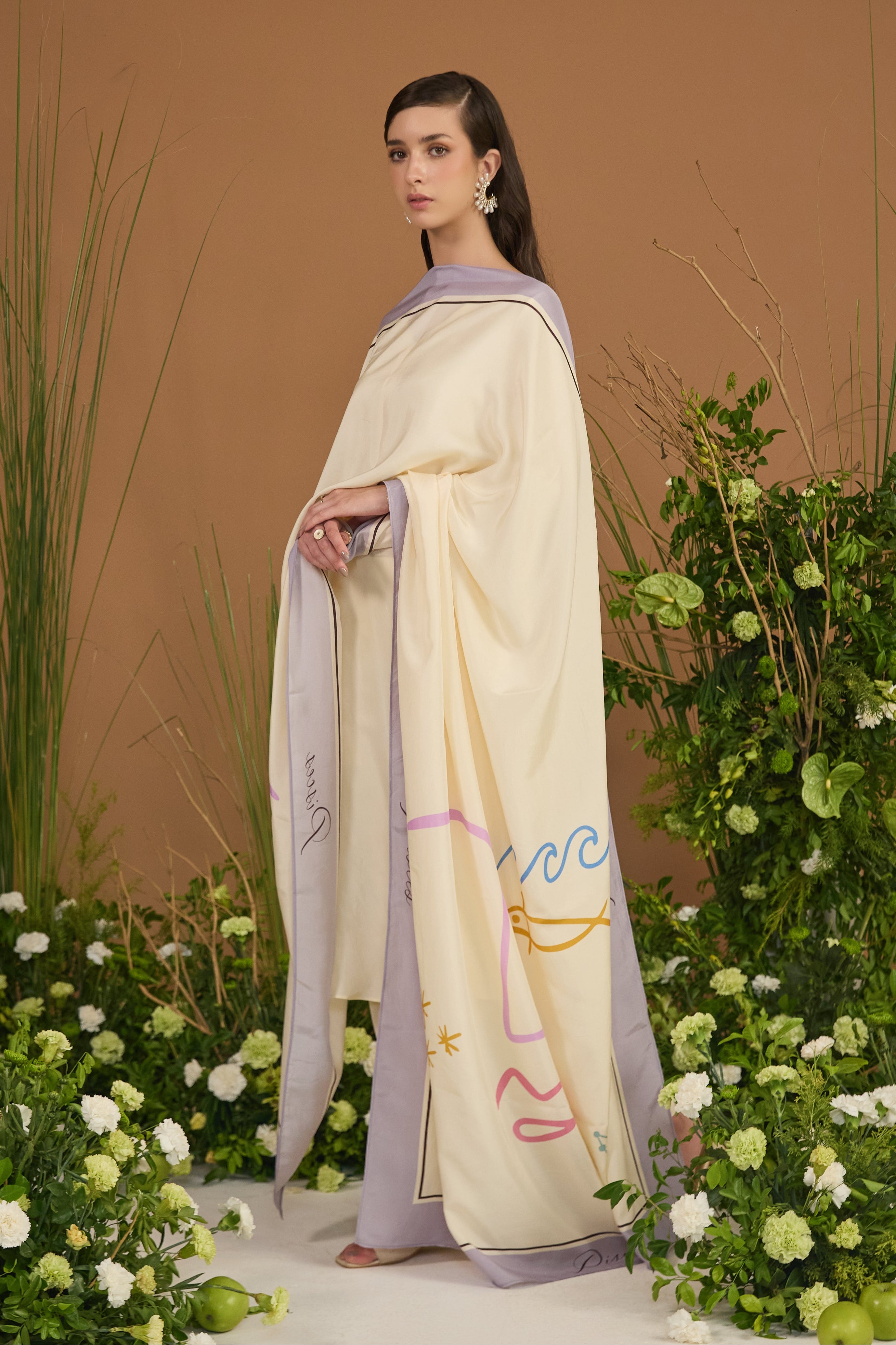 Champagne with lavender border Dupatta - side silhouette | Essence by Monika