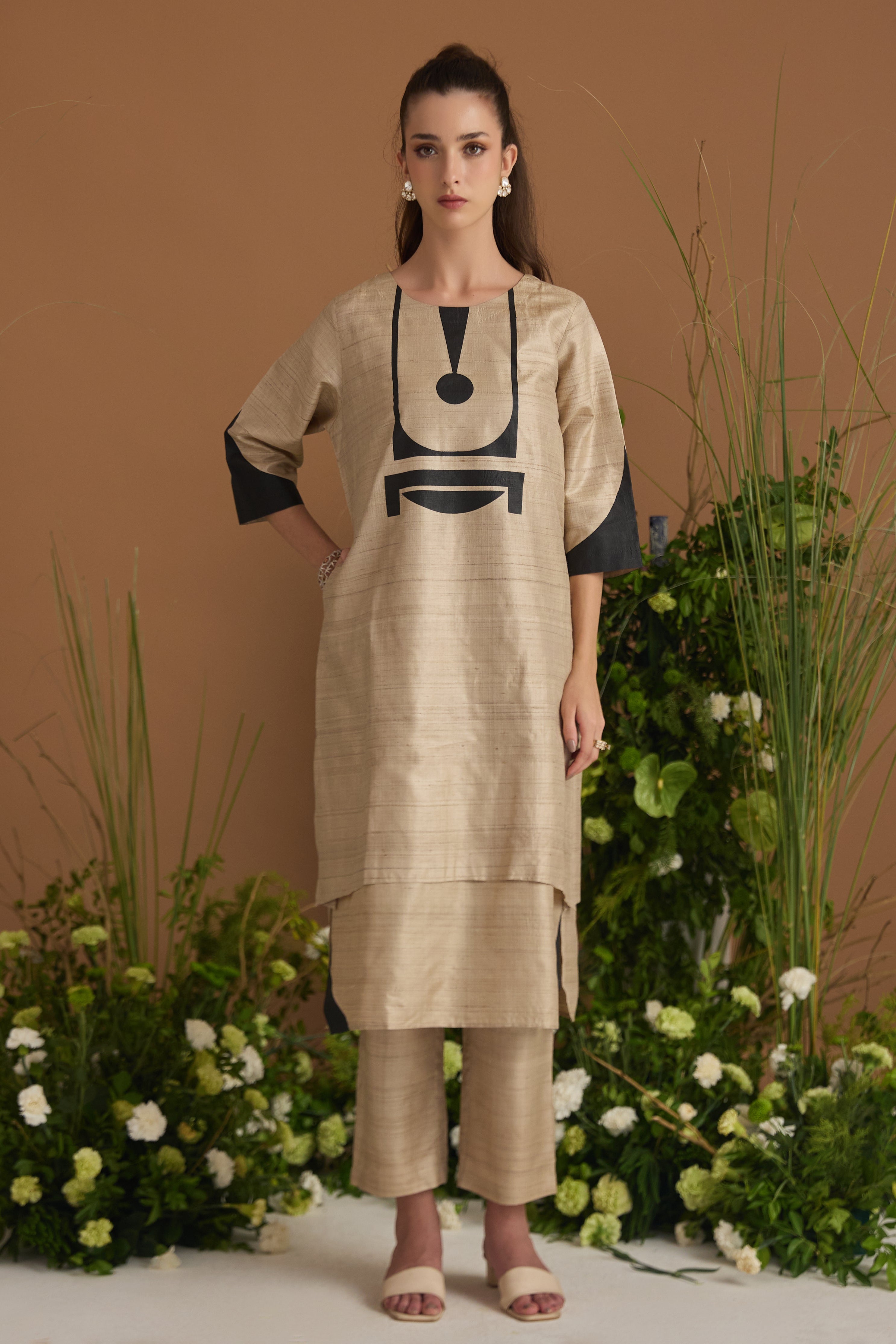 Natural Kora with black print 100% pure natural Kora tussar silk Co-ord Set - front view | Essence by Monika