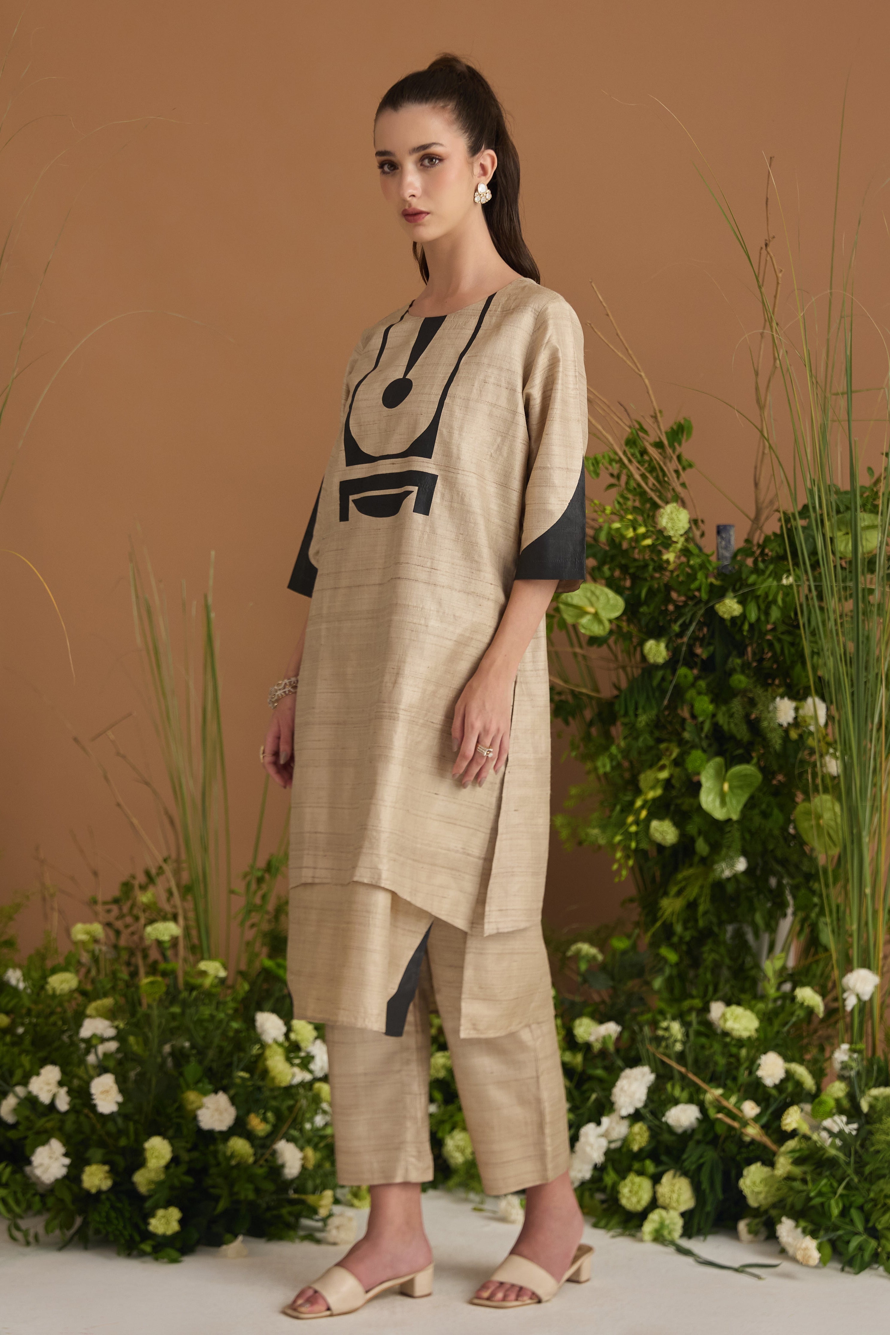 Natural Kora with black print Co-ord Set - side silhouette | Essence by Monika