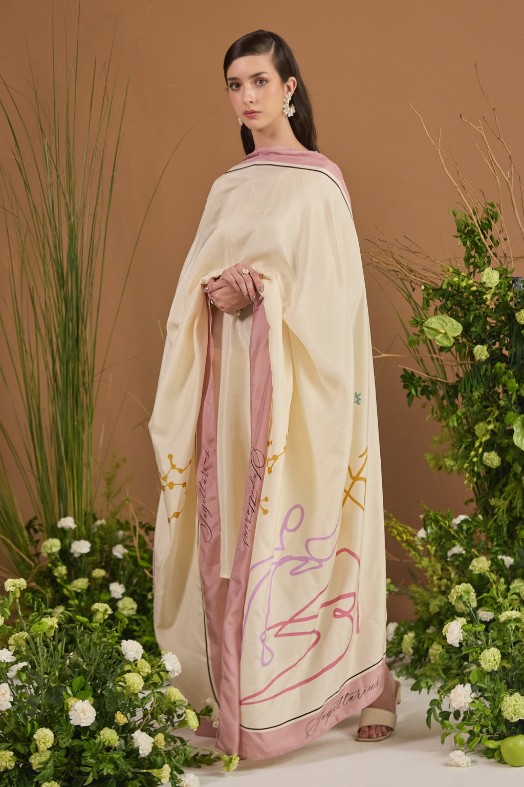 Champagne with pink border 100% pure Habotai silk Dupatta — front view | Essence by Monika