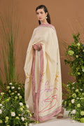 Champagne with pink border 100% pure Habotai silk Dupatta — front view | Essence by Monika