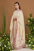 Champagne with pink border 100% pure Habotai silk Dupatta — front view | Essence by Monika