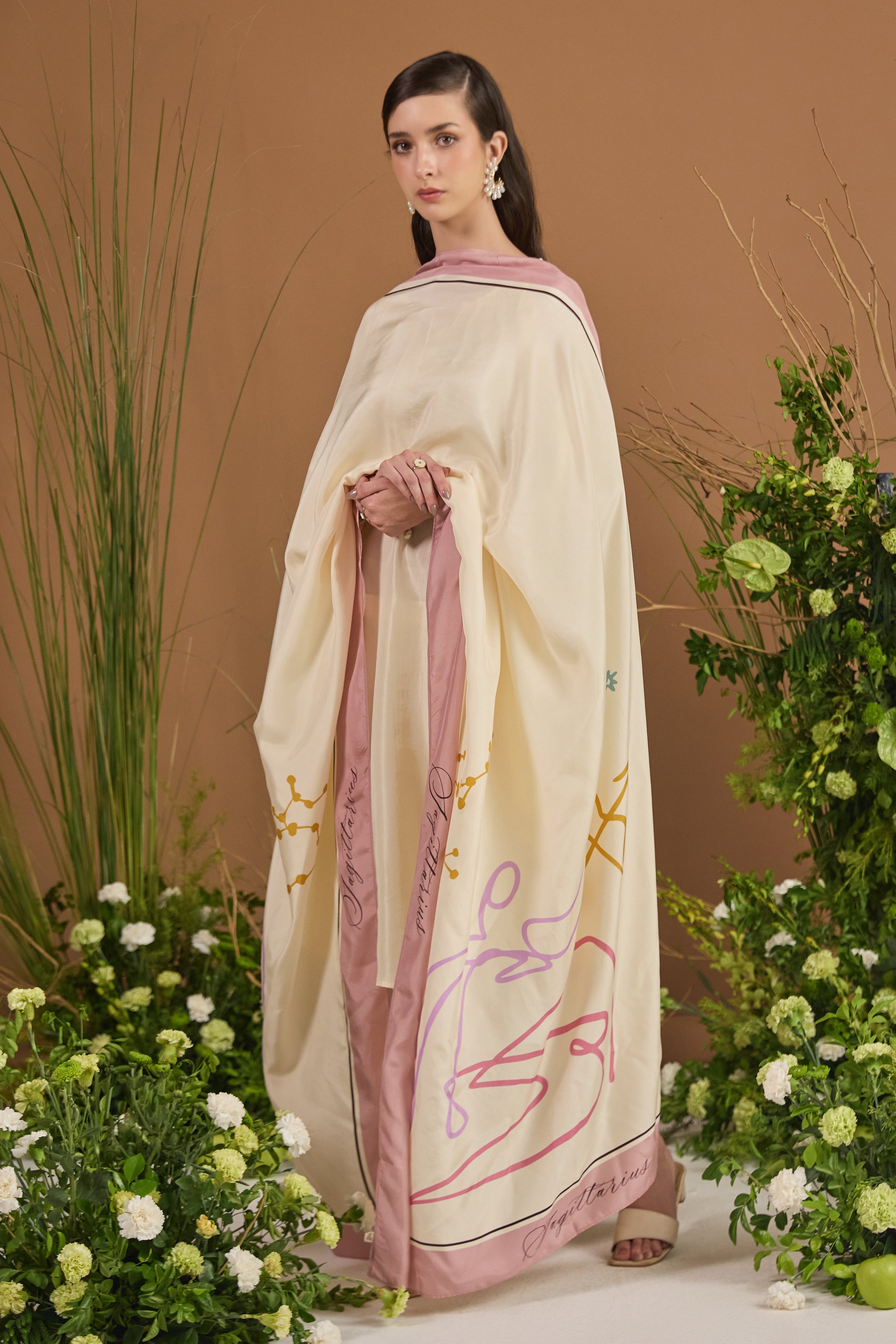 Champagne with pink border 100% pure Habotai silk Dupatta — front view | Essence by Monika