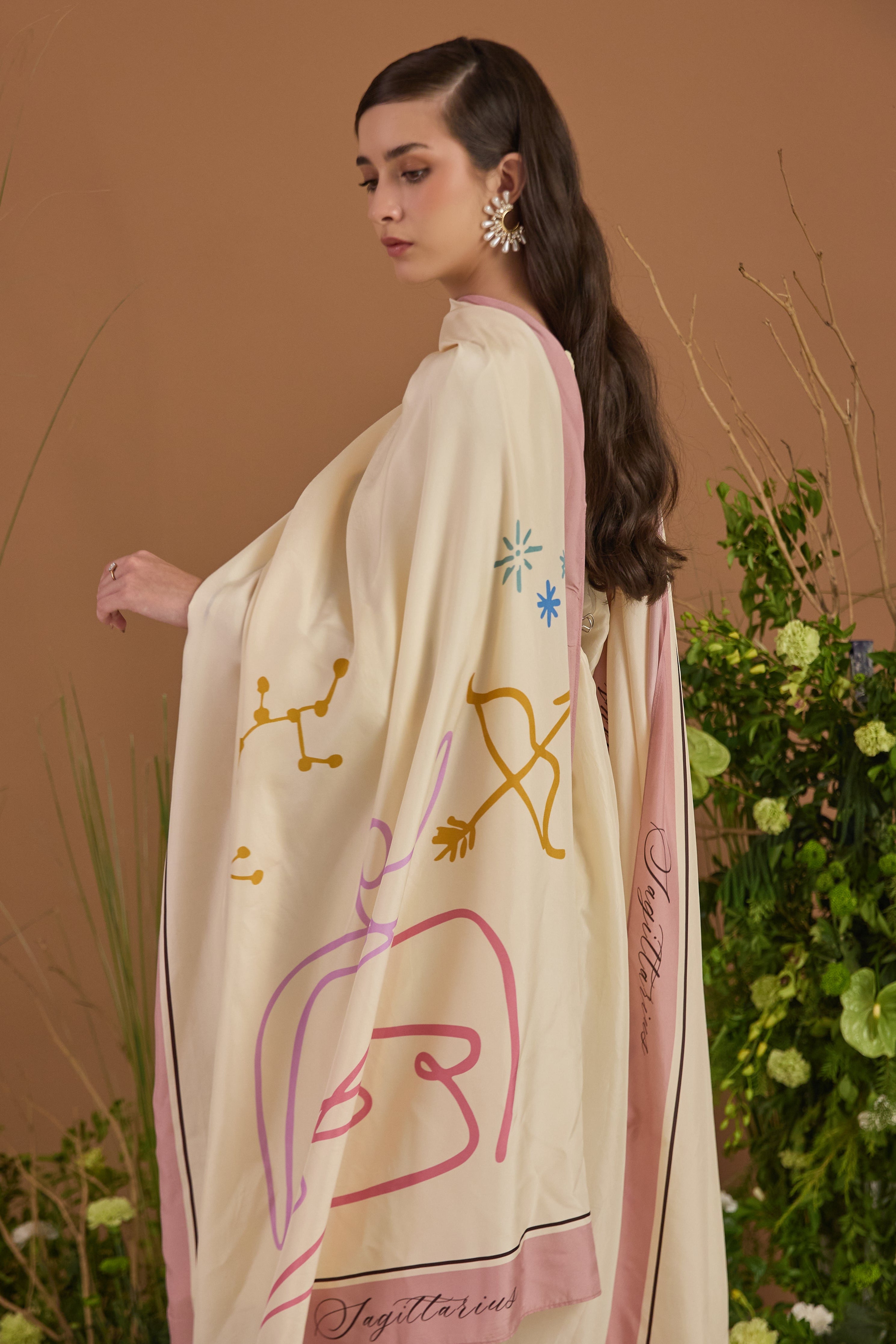 Champagne with pink border Dupatta-side silhouette | Essence by Monika