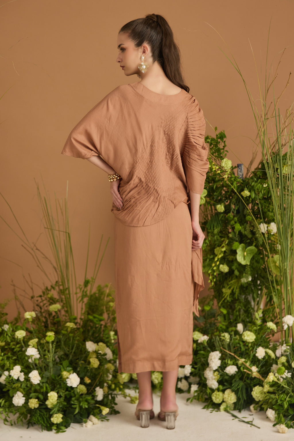 Sand Modal Cotton Pleated Skirt Set with Draped Panel - back view | Essence by Monika