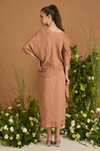 Sand Modal Cotton Pleated Skirt Set with Draped Panel - back view | Essence by Monika