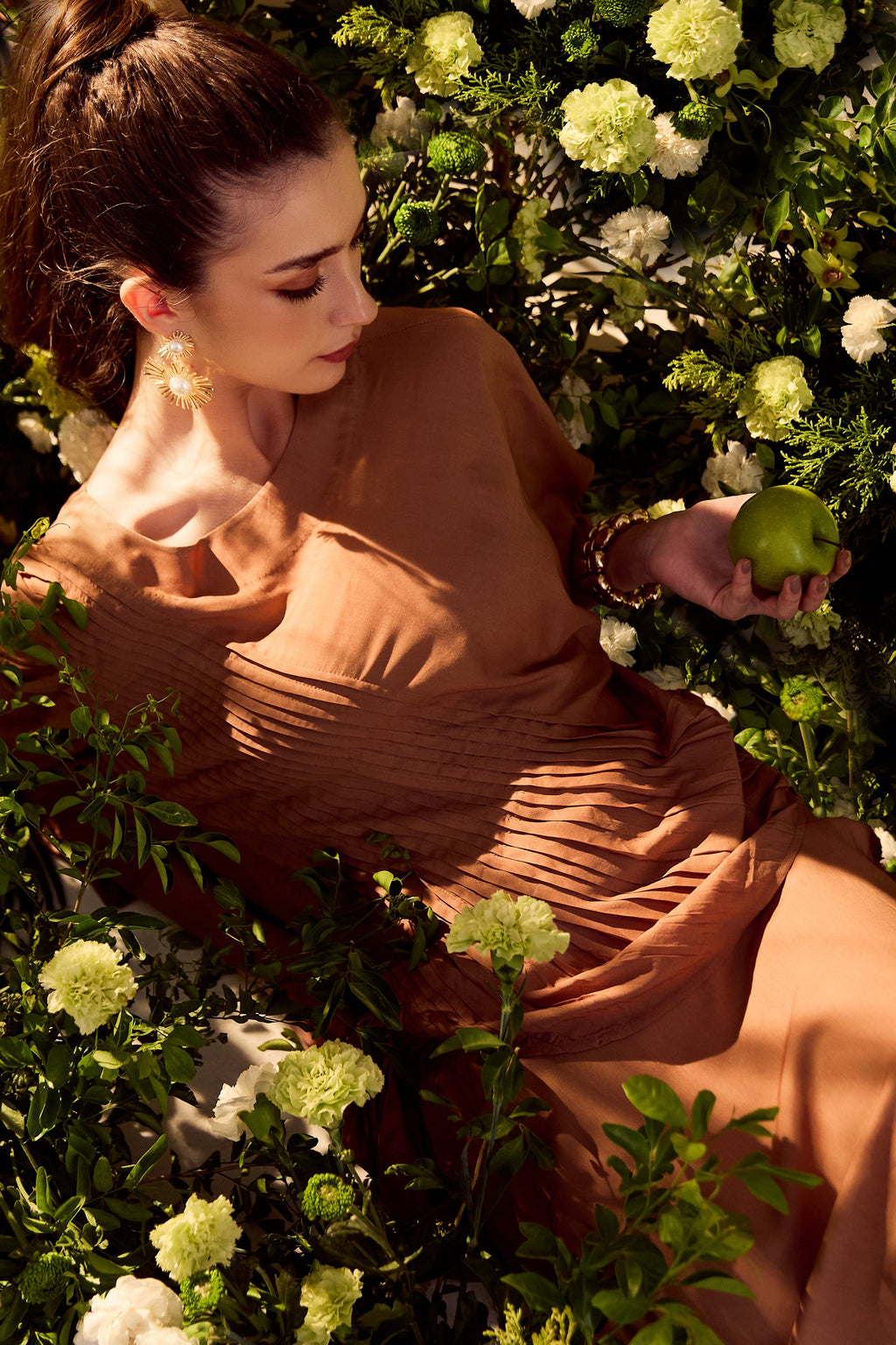 Sand Modal Cotton Pleated Skirt Set with Draped Panel - fabric and embroidery detail creative shot | Essence by Monika