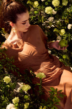 Sand Modal Cotton Pleated Skirt Set with Draped Panel - fabric and embroidery detail creative shot | Essence by Monika