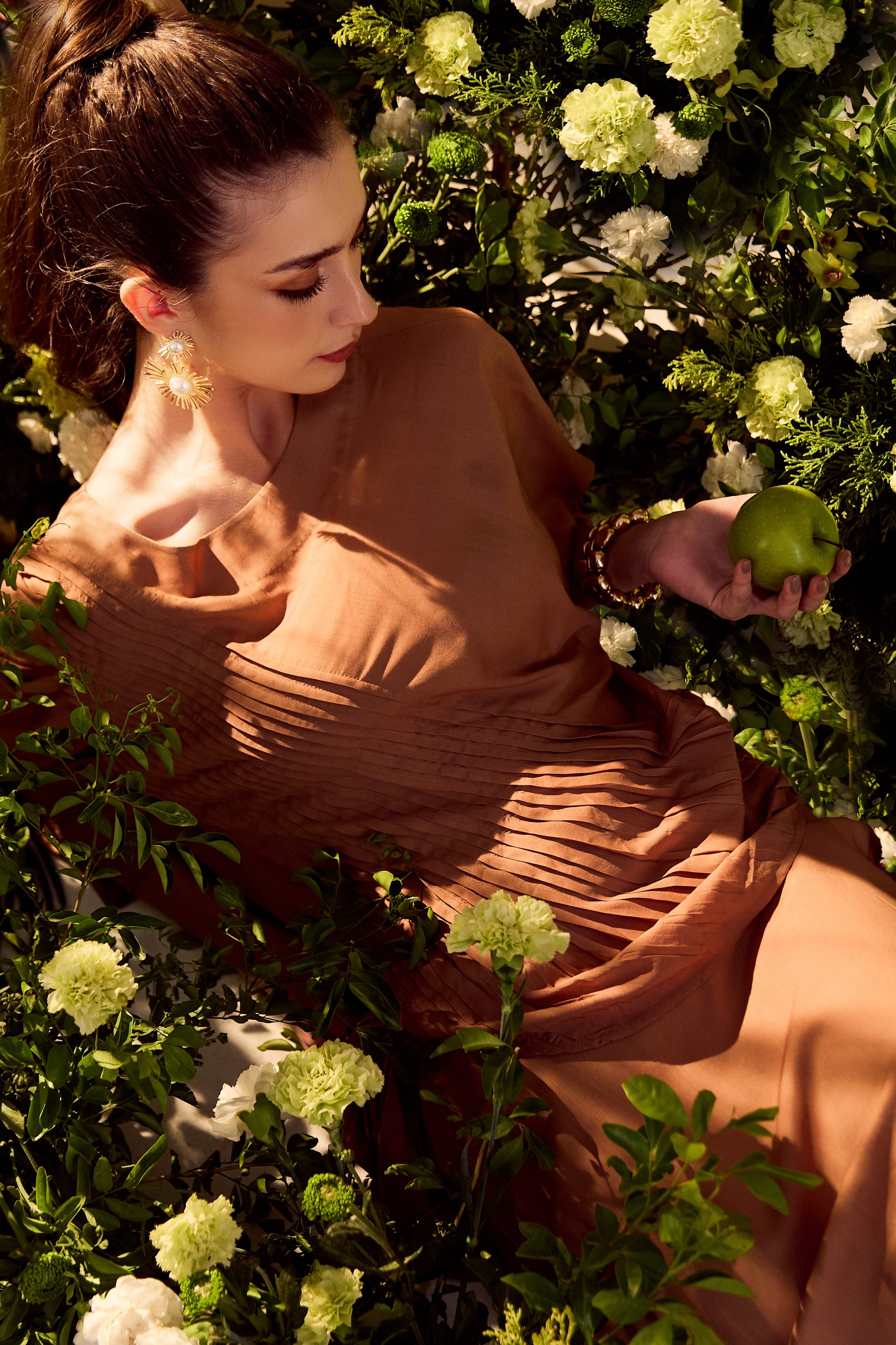 Sand Modal Cotton Pleated Skirt Set with Draped Panel - fabric and embroidery detail creative shot | Essence by Monika